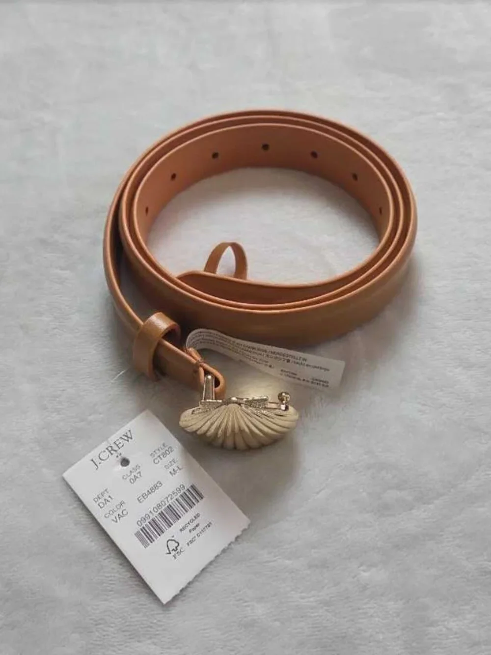 New M-L J.Crew Factory gold scallop shell buckle belt in Vachetta leather